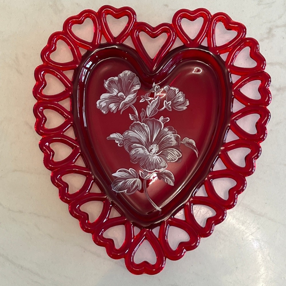 Westmoreland Ruby Red Heart Shaped Glass Trinket Dish Hand Painted Floral Design